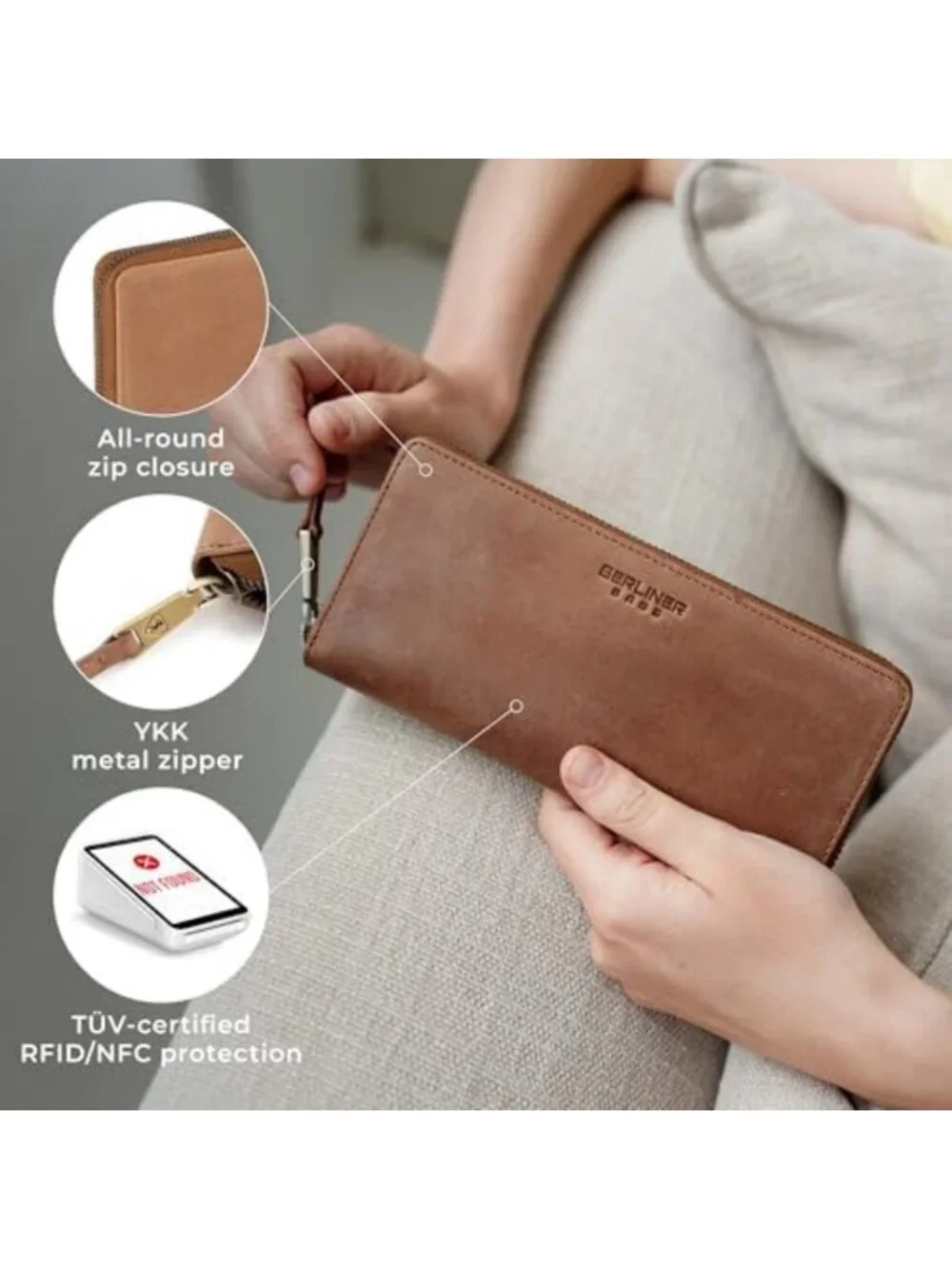 Genuine Leather Zip Wallet for Women, Stylish Brown Palma Design, Gift-Ready